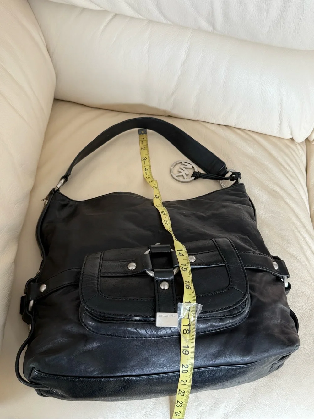 Michael Kors Black Leather Shoulder Bag with MK Logo Charm